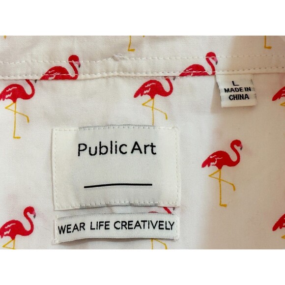 PUBLIC ART Men's Short Sleeve Button Down Flamingo Shirt White Large - Picture 4 of 5